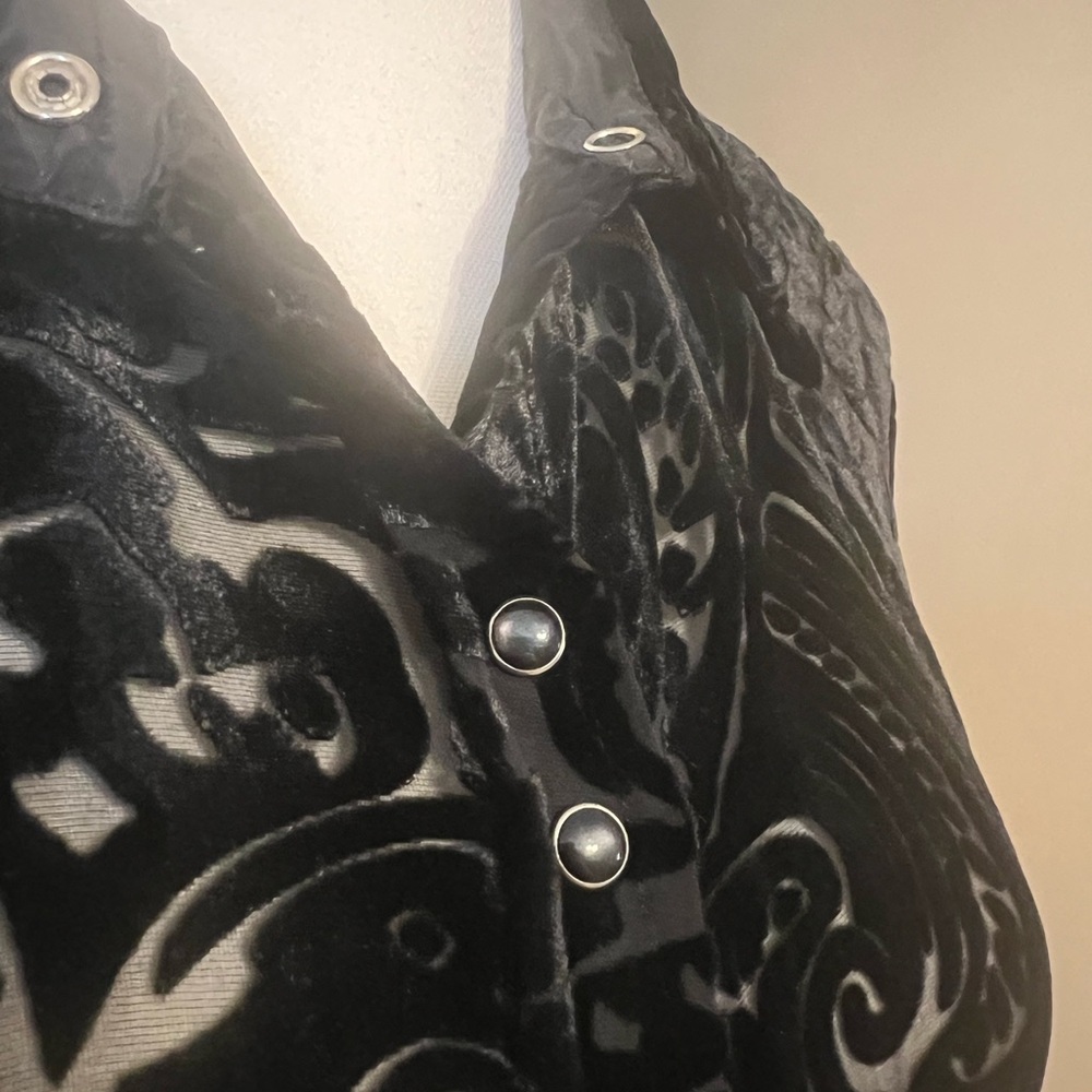 Roper Black Silk Blend Velvet Flocked Mesh Paisley Western Pearl Snap Shirt L - Picture 4 of 9